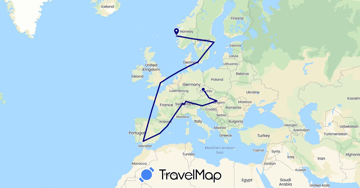 TravelMap itinerary: driving in Austria, Switzerland, Czech Republic, Denmark, Spain, United Kingdom, Hungary, Norway, Sweden, Slovenia (Europe)